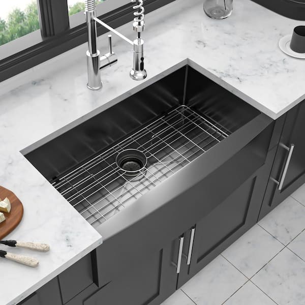 36 in. Farmhouse Single Bowl 16 Gauge Gunmetal Black Stainless Steel Kitchen Sink with Bottom Grids