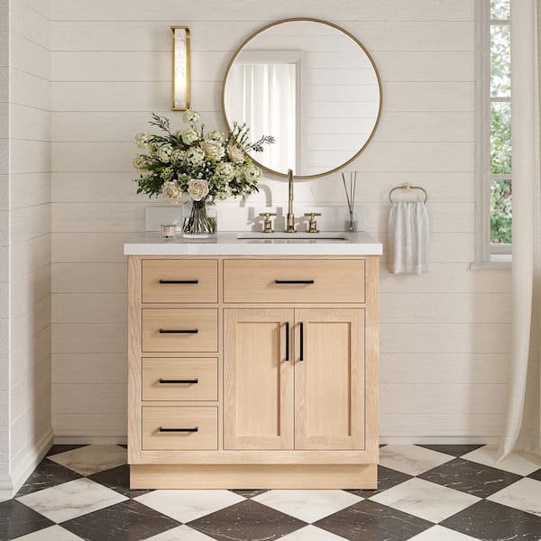 ARIEL Hepburn 36 in. Single Sink Freestanding Bathroom Vanity in Oak with Pure White Quartz Top