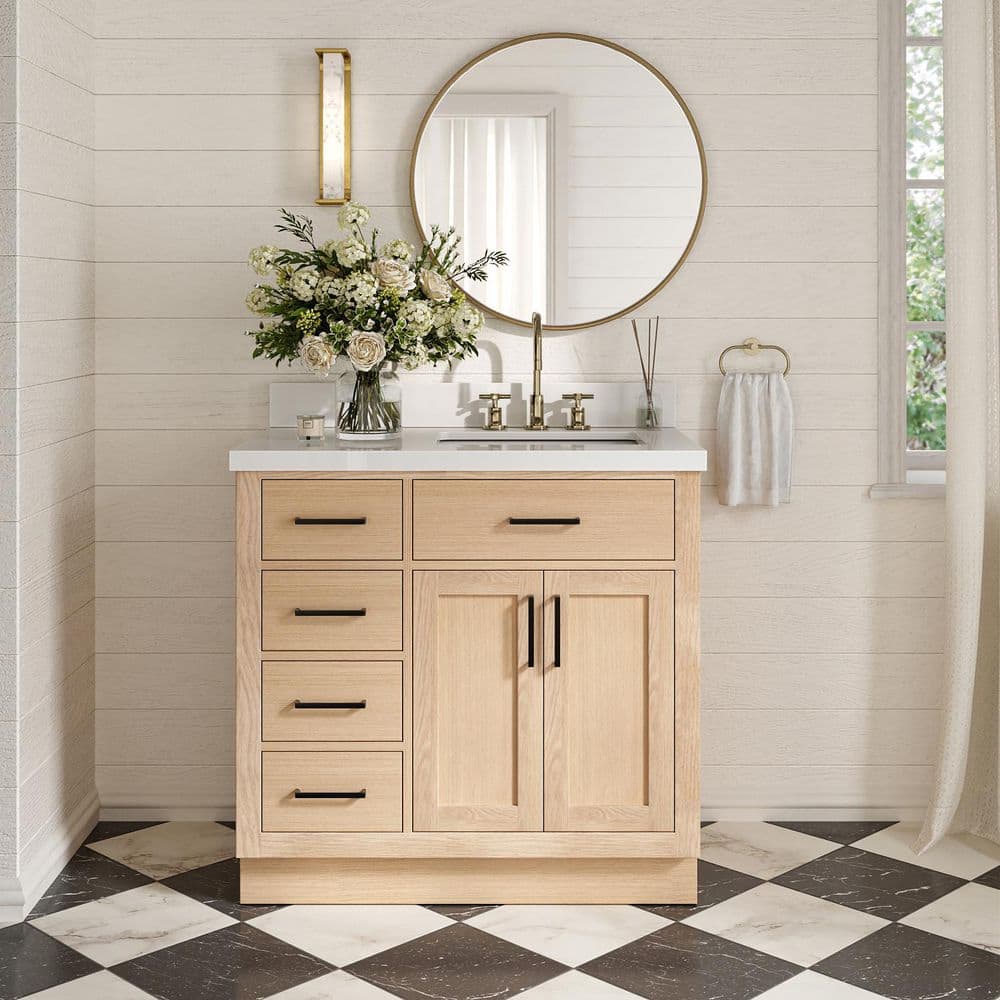 Hepburn 36 in. Single Sink Freestanding Bath Vanity in Oak with Pure White Quartz Top & Sidesplash price history on PriceWatchPro