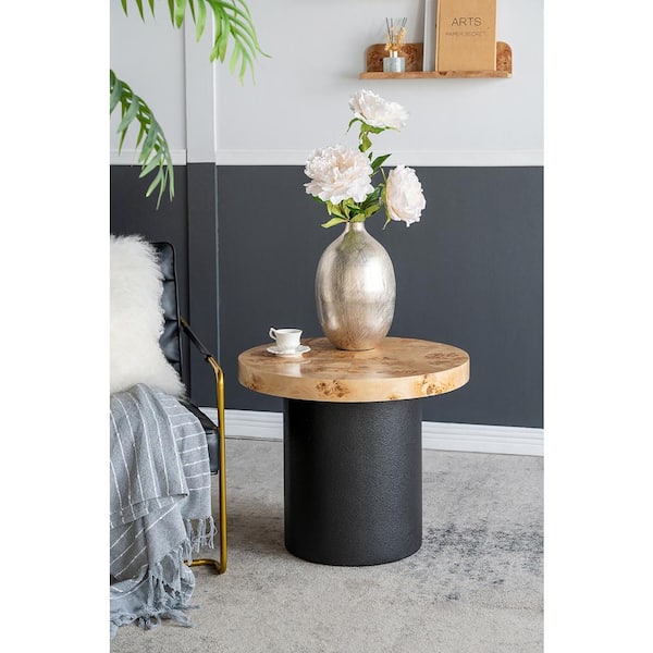 A & B Home Round Pedestal Side Table - Burl Wood - Natural/Black