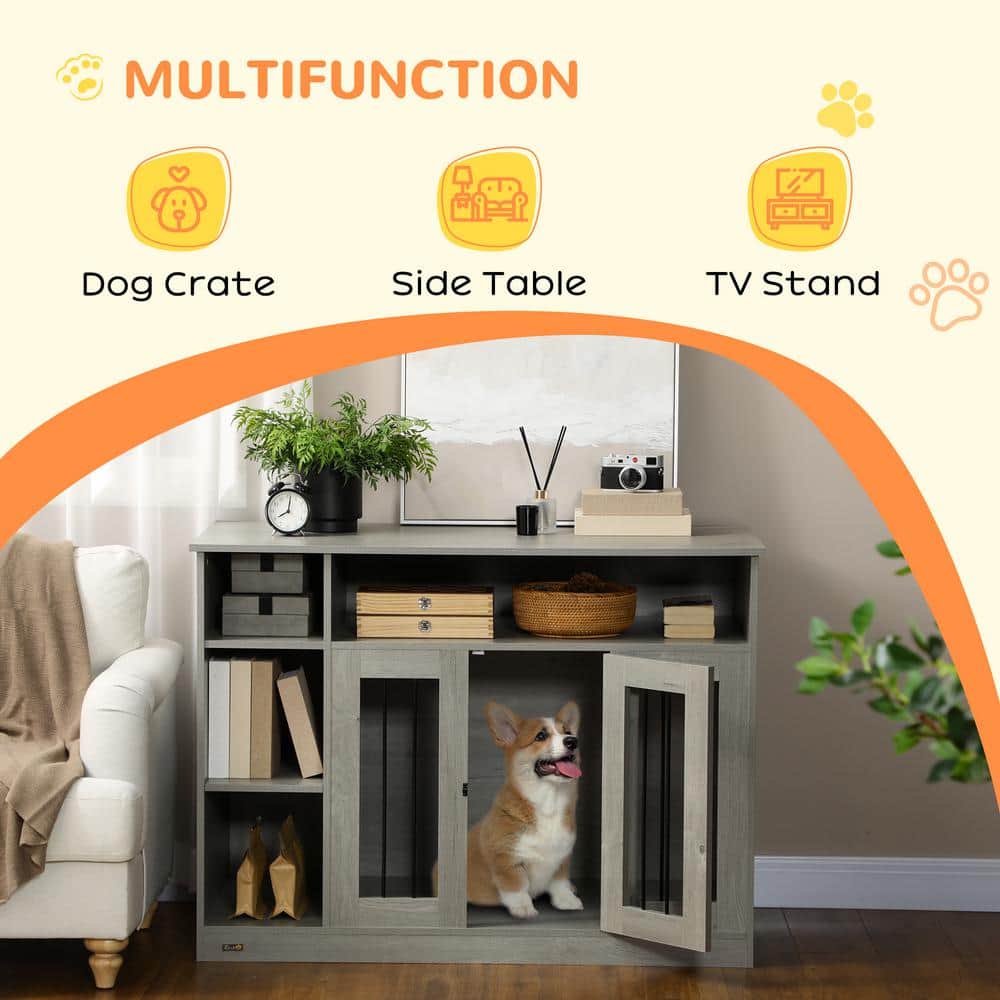 Gray Medium Wooden Dog Crate with Storage Shelves