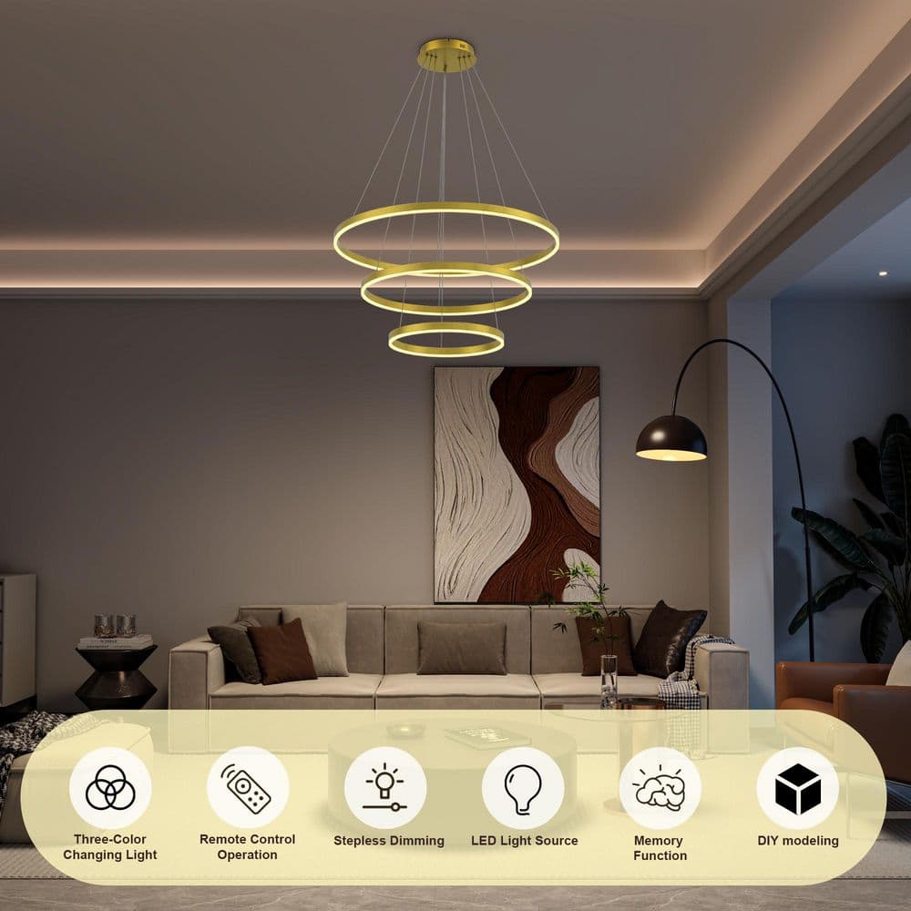 31 in. 3-Light Rings Circle Modern Dimmable Gold Integrated LED Chandelie Geometric Adjustable Styling Tiered, Remote price history on PriceWatchPro