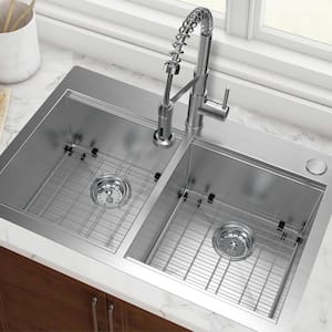 Professional Zero Radius 36 in Drop-In Double Bowl 16 G Stainless Steel Workstation Kitchen Sink with Spring Neck Faucet