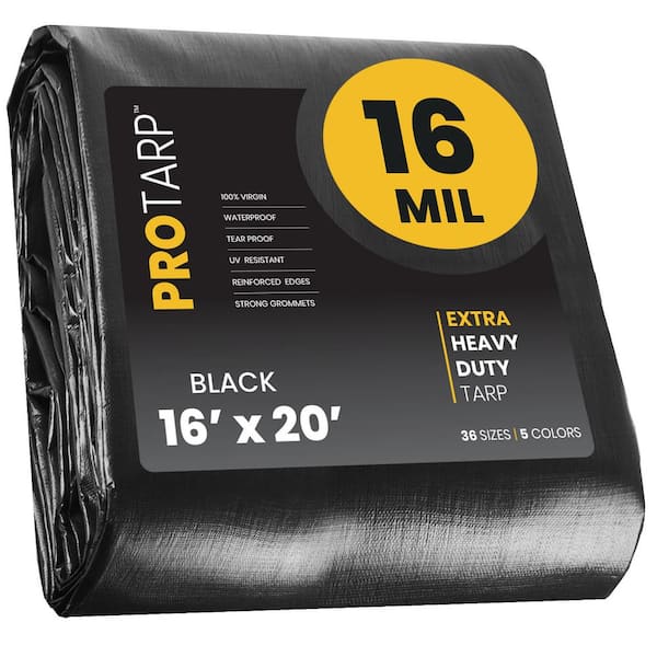 PROTARP 16 ft. x 20 ft. Black 16 Mil Heavy Duty Polyethylene Tarp,  Waterproof, UV Resistant, Rip and Tear Proof PT-106-16X20 - The Home Depot