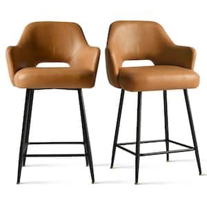 25.5 in. Brown High Back Metal Frame Counter Height Bar Stool with Faux Leather Seat (Set of 2)