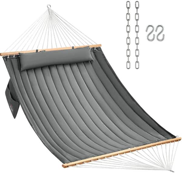 Double Quilted Fabric Hammock with Hardwood Bars & Pillow, 450LBS Capacity for 2,Dark Gray