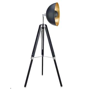 Fascino 63 in. H Black/Gold Industrial Metal Tripod Floor Lamp with Dish Shade