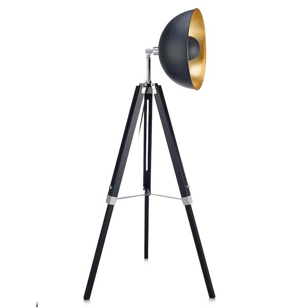 Teamson Home Fascino 63 in. H Black/Gold Industrial Metal Tripod Floor Lamp with Dish Shade