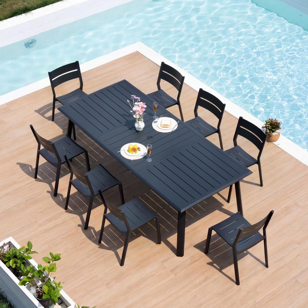 9-Piece Aluminum Outdoor Patio Dining Set, 93.9 in. Table with Umbrella Hole, and 8-Stackable Armless Chairs