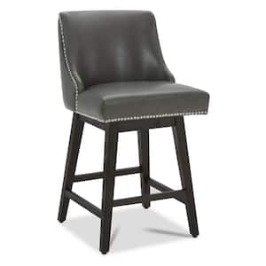 Martin 26 in. Retro Gray High Back Solid Wood Frame Swivel Counter Height Bar Stool with Faux Leather Seat