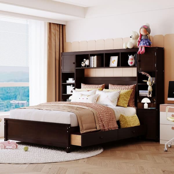 Espresso Brown Wood Frame Full Upholstered Platform Bed with All-in-One Cabinet and Shelf
