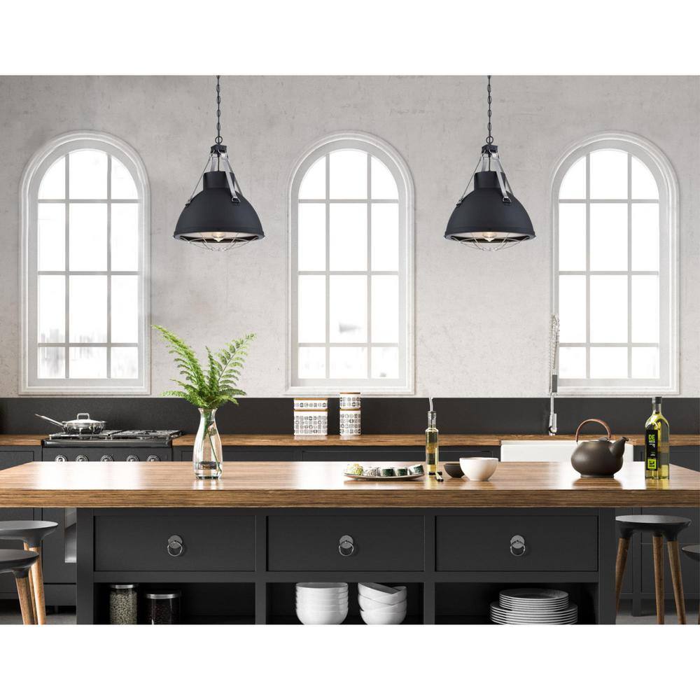 Matte Black Industrial Cage Pendant Light with Pewter Accents