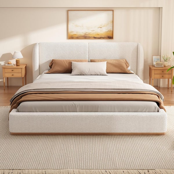 Norvel Modern White Boucle Upholstered Wood Frame King Size Platform Bed with Wingback Headboard
