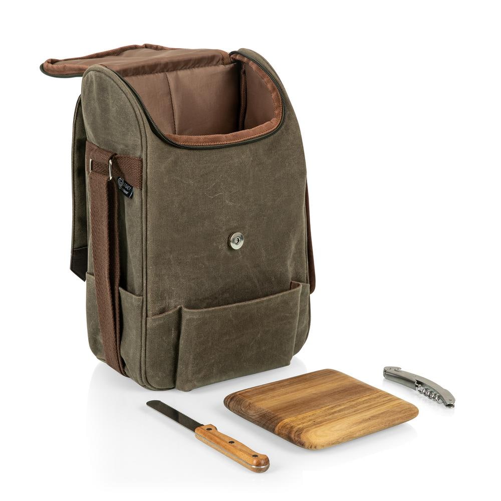 Khaki Green Waxed Canvas Wine Cooler Bag with Acacia Wood Cheese Board