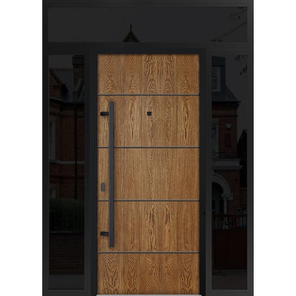 6683 60 in. x 96 in. Right-hand/Inswing 3 Sidelights Natural Oak Steel Prehung Front Door with Hardware