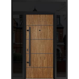 6683 68 in. x 96 in. Right-hand/Inswing 3 Sidelights Natural Oak Steel Prehung Front Door with Hardware