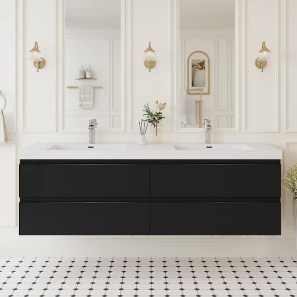 70.87 in. W x 19.69 in. D x 22.44 in. H Wall Hung Bath Vanity in Black with Resin Double Basin Vanity Top in White Resin