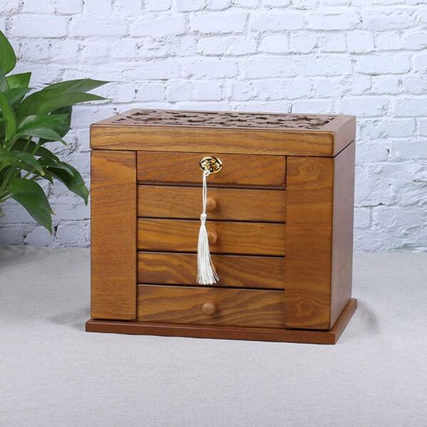 Brown Rectangular Wood Jewelry Box with Lock and Key HD8JZFM7SX