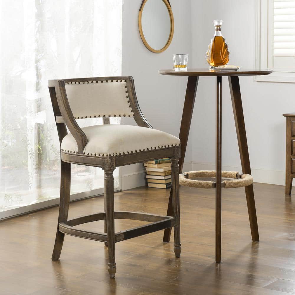Elegant Light Beige Leather-Wrapped Bar Stool with Brass Accents