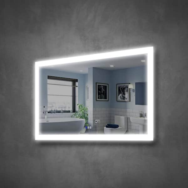 55 in. W x 32 in. H Rectangular Frameless Lighted Anti-Fog Wall Bathroom Vanity Mirror with Dual Row LED Front Light