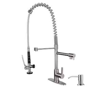 Commercial Deck Mount Double Handle Pull Down Sprayer Kitchen Faucet with Pre-Rinse, Advanced Spray in Brushed Nickel