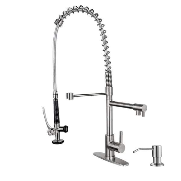 Commercial Deck Mount Double Handle Pull Down Sprayer Kitchen Faucet with Pre-Rinse, Soap Dispenser in Brushed Nickel