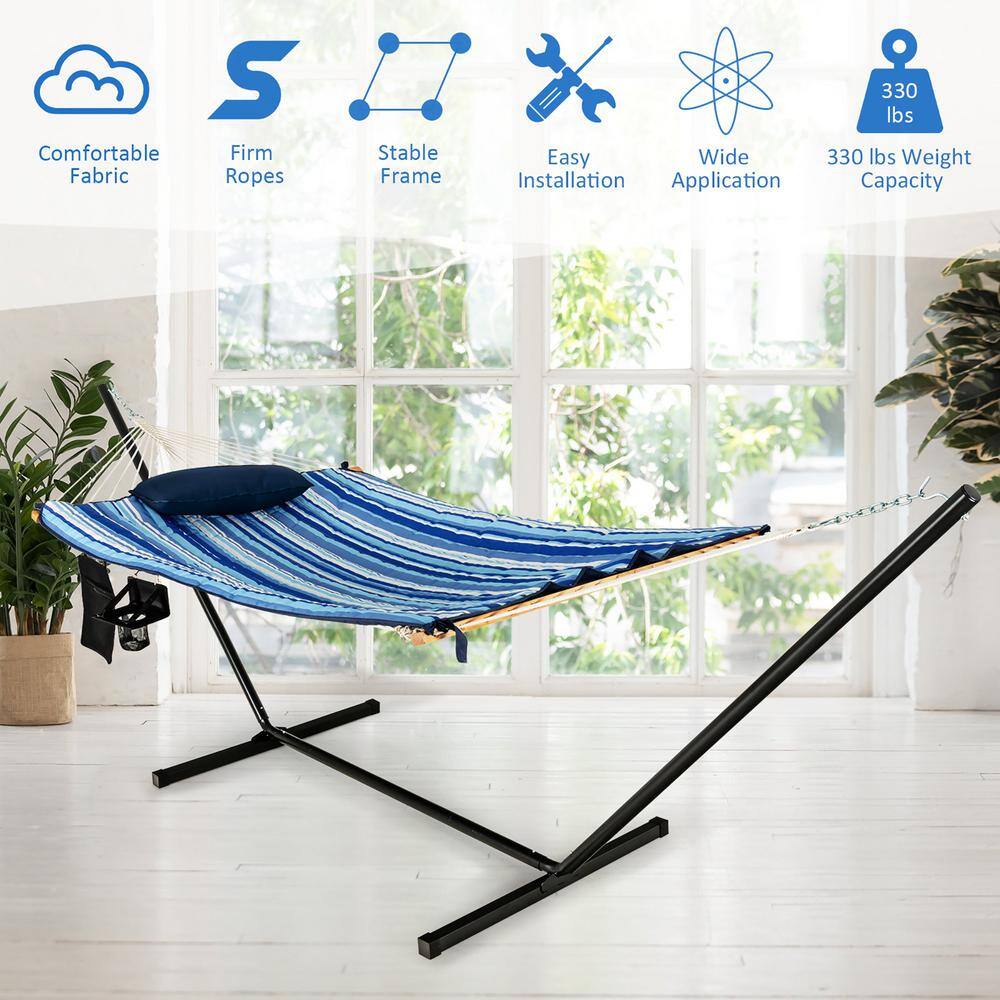 Blue Striped Cotton Hammock Chair Stand Set with Pillow and Cup Holder