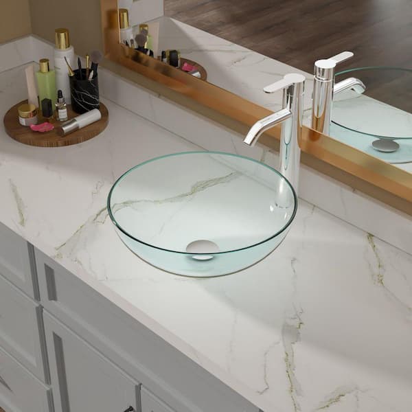 16-1/2 in. Round Vessel Bathroom Sink in Clear Glass with Chrome Faucet