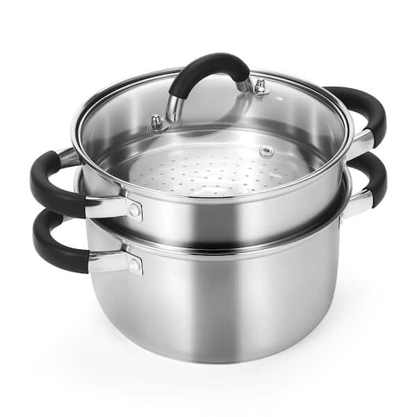 3.2 qt. Stainless Steel Stock Pot with Steamer Basket, 3-Ply Bottom, Silicone Handles, Glass Lid, Cooktop Compatible