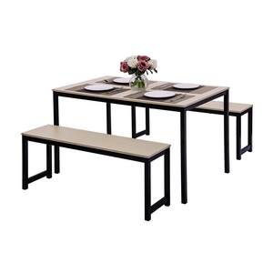 3-Piece Beige Kitchen Table Set with 2-Benches, Modern Wood Look Table Set for Kitchen, Dining Room