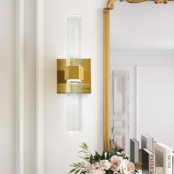15.75 in. H 1-Light Brushed Gold Dimmable LED Wall Sconce Lighting with Crystal Bubble Glass Shade