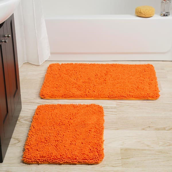 Stripe 3 Pc Thick High Pile Bathroom Set With Bath Mat Rug & Lid Cover Orange 