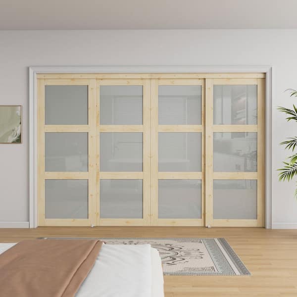 120 in. x 80 in. 3-Lite Frosted Glass Primed White Pine Wood Unfinished Interior Closet Sliding Door Hardware