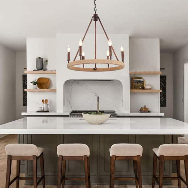 6-Light Red Candle Design Circle Hanging Wagon Wheel Chandelier Island Chandelier Lighting for Kitchen Island