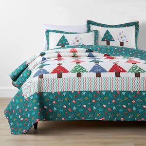 PW101 3-Piece Blue Christmas Cotton Patchwork Queen Size Quilt Set