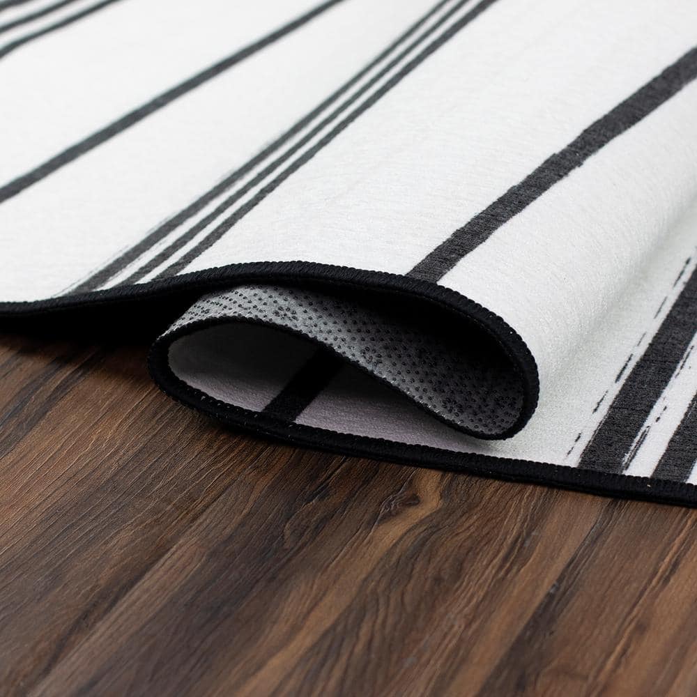 Black and White Stripe Synthetic 2.5'x7' Washable Runner Rug