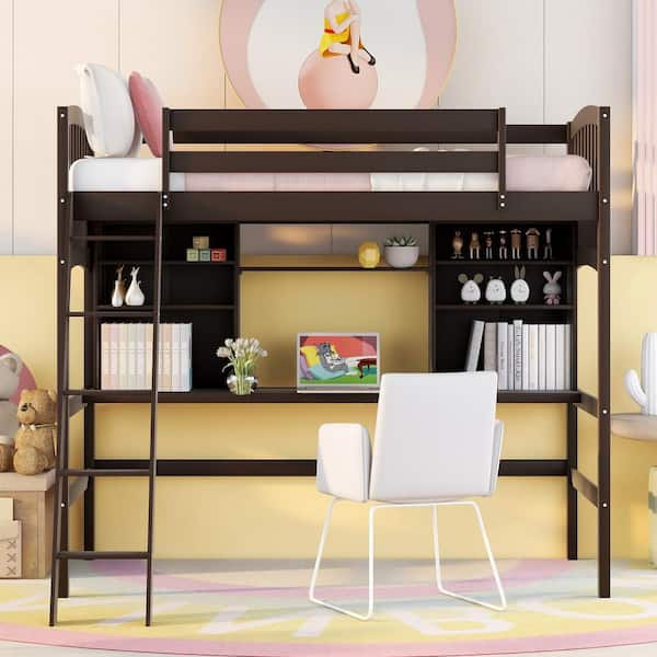 URTR Espresso Twin Loft Bed with Desk and Shelves, Wooden Loft Bed Frame for Kids, Loft Bed with Ladder and Safety Guardrail