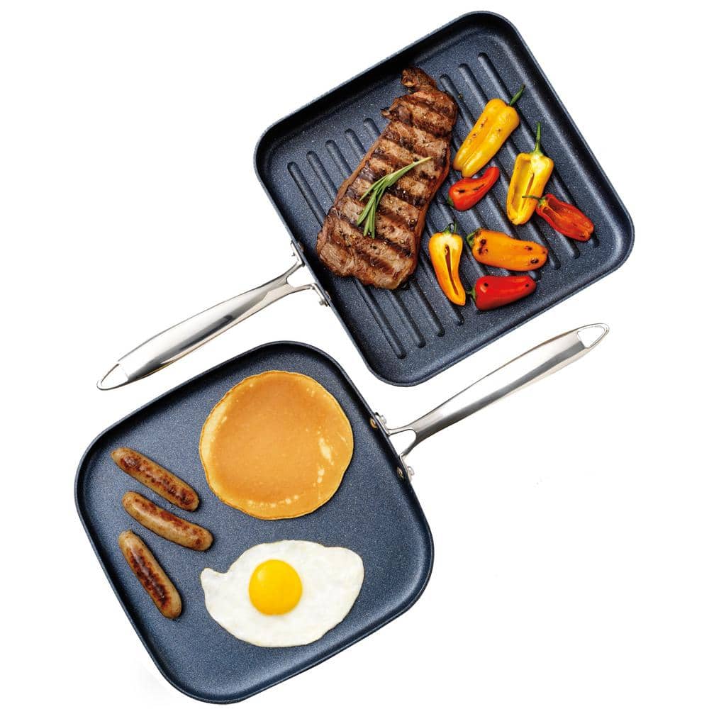 Granitestone 2 Pack Nonstick 10.5” Grill Pan/Flat Griddle Pan for Stovetop with 3X Coated Surface Perfect for Eggs Pancakes Steaks and More, Stove