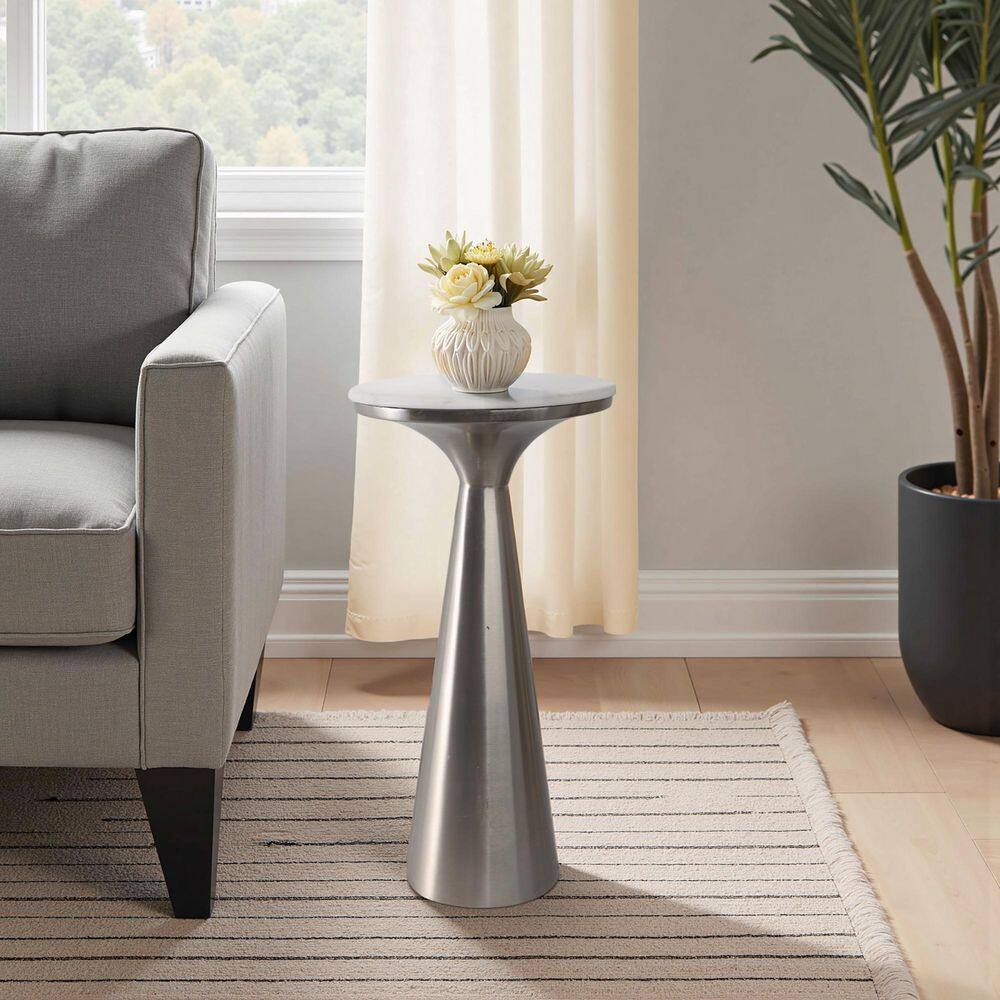 11 in. Silver Round Marble Accent Table with Sleek Tapered Base - thumbnail 10