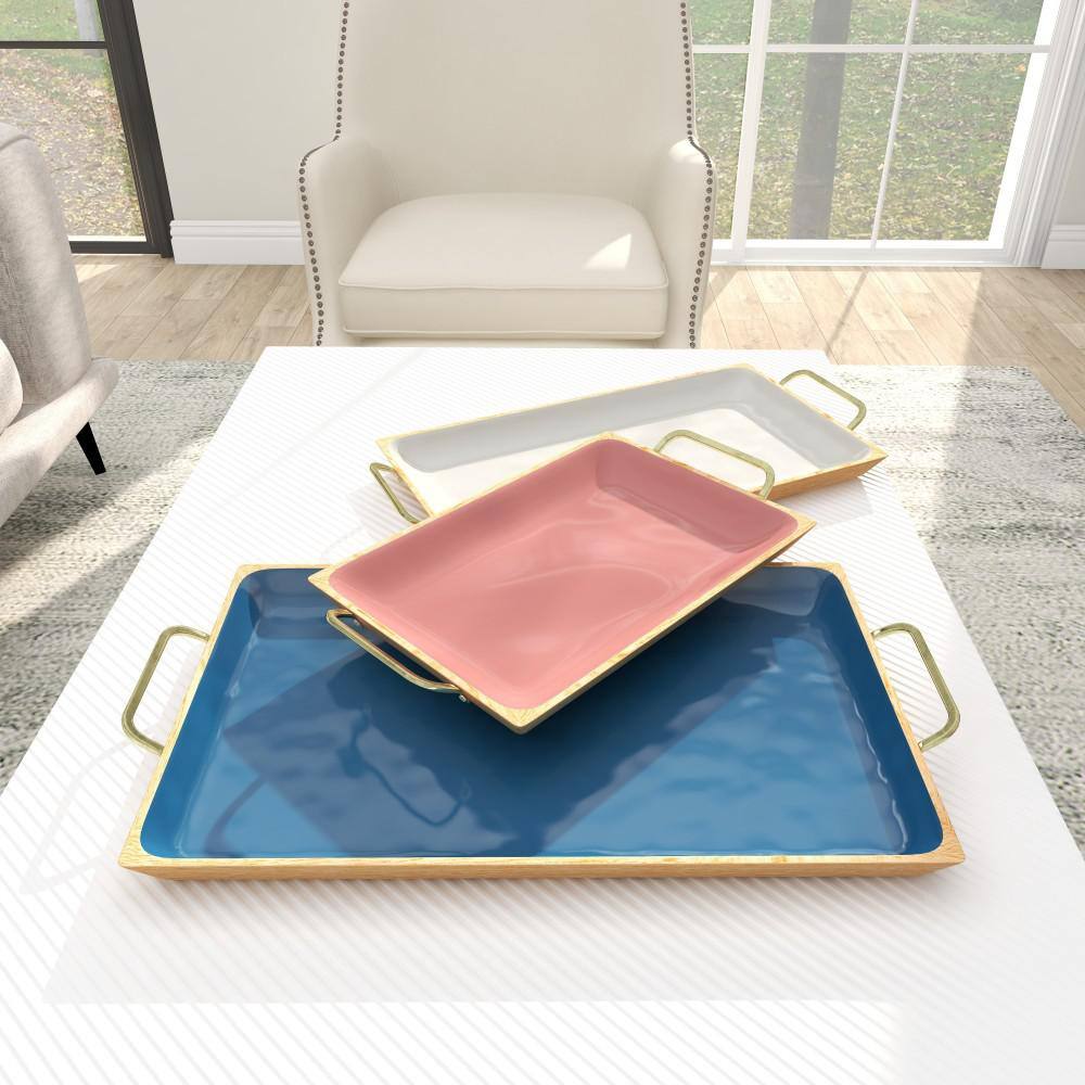 Multi Colored Enamel and Mango Wood Rectangular Tray Set