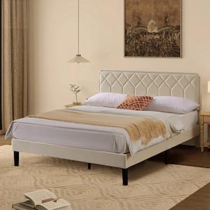 Bed Frame with Upholstered Headboard, Beige Metal Frame Queen Platform Bed with Strong Frame and Wooden Slats Support