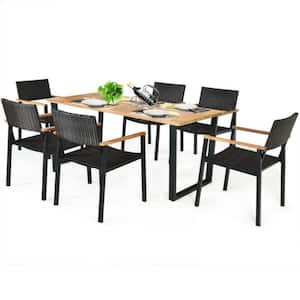 7-Piece Wicker Outdoor Dining Set with Large Rectangle Acacia Wood Table Top and 2.16 in. Umbrella Hole