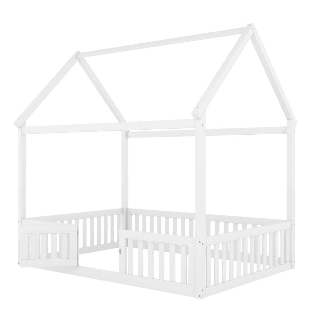White Wood House Bed Frame Full Platform Bed with Fence, Door, and Play Area durable construction price history on PriceWatchPro