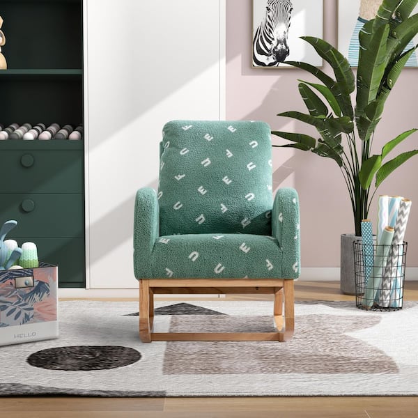 26.8 in. Green Boucle Rocking Chair, Mid-Century Modern Nursery Glider with Side Pocket and High Back, Solid Wood Frame
