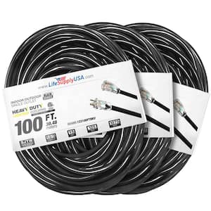 100 ft. 12-Gauge/3-Conductors SJTW Indoor/Outdoor Extension Cord with Lighted End Black (3-Pack)