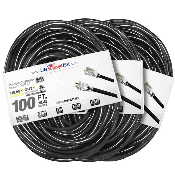 LifeSupplyUSA 100 ft. 12-Gauge/3-Conductors SJTW Indoor/Outdoor Extension Cord with Lighted End Black (3-Pack)