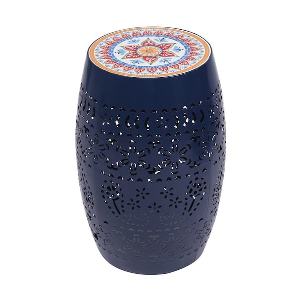Zeus & Ruta Dark Blue Round Ceramic Outdoor Side Table for Indoor and Patio Poolside