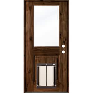 32 in. x 80 in. Knotty Alder Left-Hand/Inswing Clear Glass Provincial Stain Wood Prehung Front Door with Large Dog Door