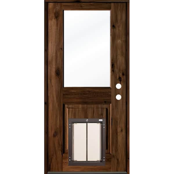 Krosswood Doors 32 in. x 80 in. Knotty Alder Left-Hand/Inswing Clear Glass Provincial Stain Wood Prehung Front Door with Large Dog Door