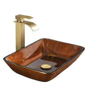 Russet Glass Rectangular Vessel Bathroom Sink Set in brown and amber Fusion Finish with Faucet and gold Pop Up Drain